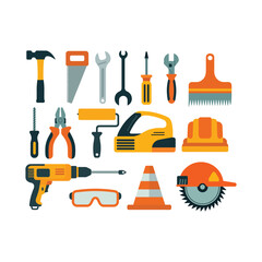 Construction and Hand Tools Vector Set Flat Design Industrial Equipment Icons.