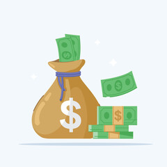 illustration of wealth surrounding scattered banknotes, gold coins money bag in flat style