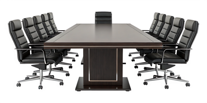Conference room table and black leather chairs set on transparent background