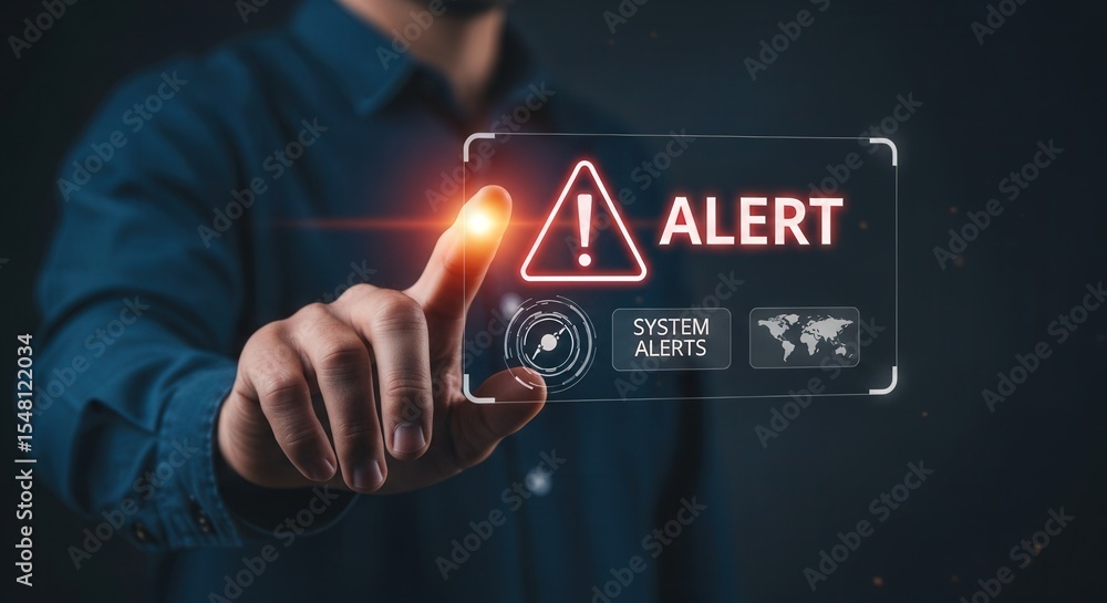 Poster system alert notification on digital screen with finger pointing at the danger warning sign icon