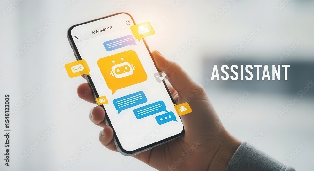 Poster ai mobile assistant chatbot on phone screen for communication and digital transformation future tech