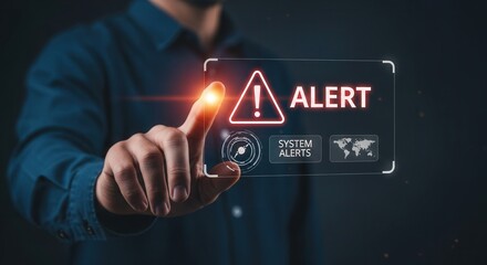 System alert notification on digital screen with finger pointing at the danger warning sign icon