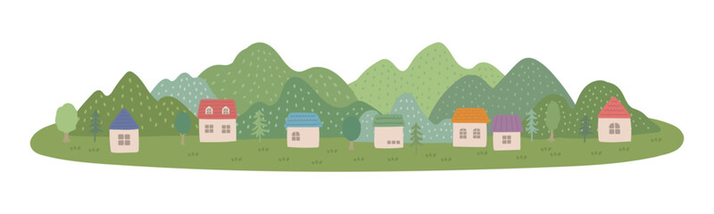 田舎の山々と家の背景イラスト © モツ煮子