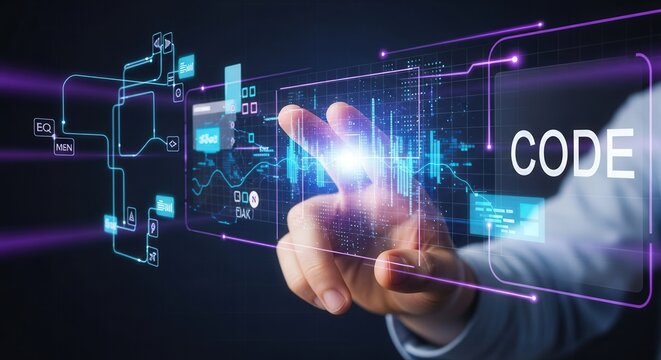 Futuristic technology interface with code and hand interacting with digital data visualization