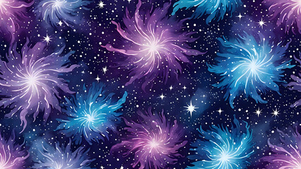 Fototapeta premium Watercolor galaxy scene with bursts of blue and purple light star clusters and nebulae on a dark night sky background