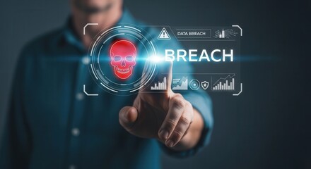 Data breach cybersecurity concept with digital interface and skull warning for network security