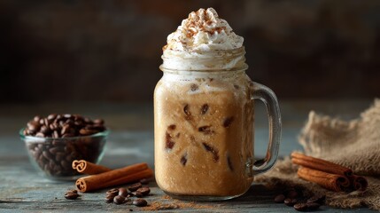 Iced coffee in mason jar with whipped cream and cinnamon, coffee beans.