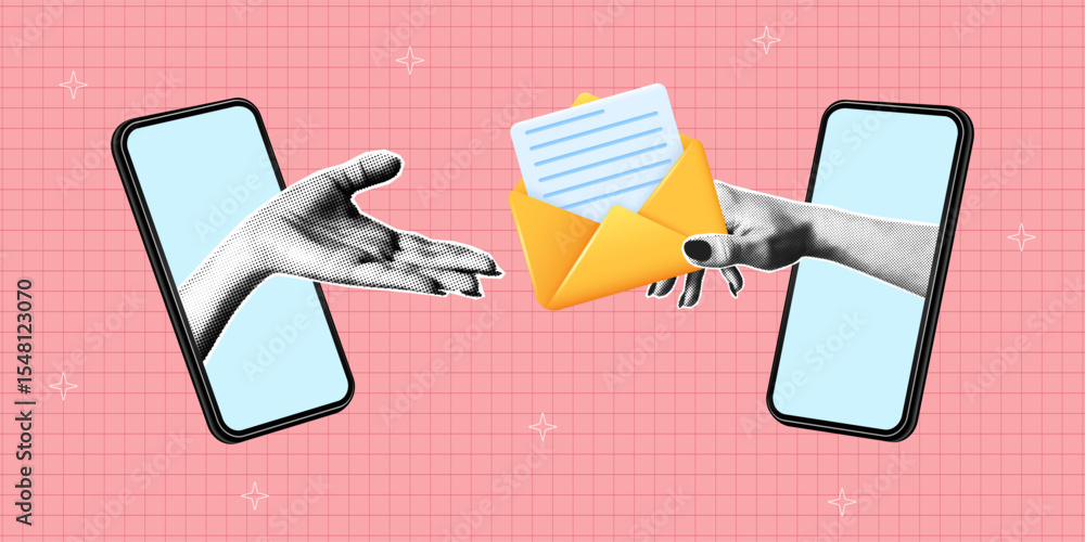 Poster collage banner with two smartphones and halftone hand passes letter to recipient. hand holding 3d en
