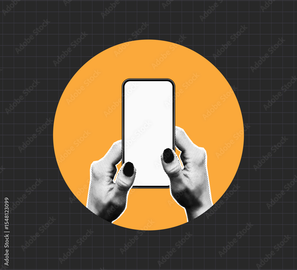 Poster Halftone collage hands holding phone with empty display. Gesture of two halftone hands with smartphone. Concept of social media, mobile apps, scrolling. Collage style. Vector.