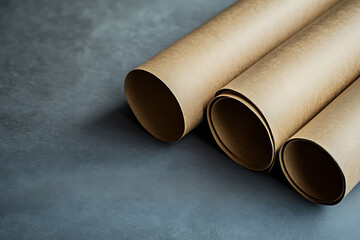 Fototapeta premium Collection of three natural kraft paper rolls or tubes in varying sizes on a distressed gray surface, great for illustrating sustainable packaging and creative storage mockup