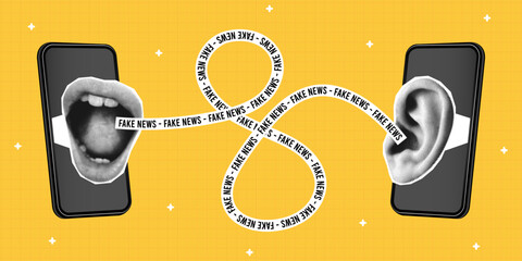 Halftone collage banner with two smartphones and mouth speaks into ear and strip with text - fake news. Halftone collage poster. Concept of fake news, disinformation or propaganda. Vector
