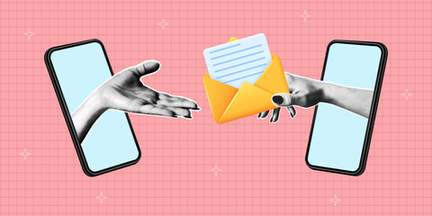 Collage banner with two smartphones and halftone hand passes letter to recipient. Hand holding 3d envelope and gives it from smartphone screen. New message, email, mailing list. Vector