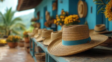 Handcrafted Straw Hats on Display in a Traditional Market