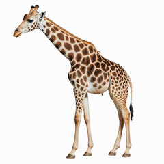 Obraz premium Graceful Giraffe in the Wilderness: A majestic giraffe stands tall, its unique spotted coat a testament to the wonders of the wild, set against a background that accentuates its towering stature.