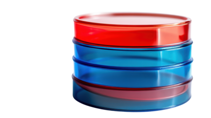 Stacked red and blue round plastic containers with lids isolated on white background