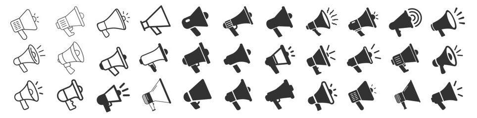 Megaphone icon set, loudspeaker symbol, announcement and advertising vector illustration, business promotion sign, megaphone logo design with sound on transparent background