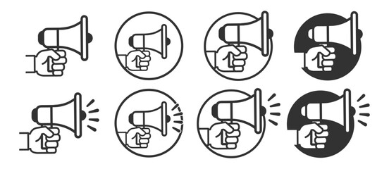 Hand holding megaphone icon, announcement symbol, loudspeaker illustration, protest and promotion sign, marketing concept, vector design, isolated on transparent background