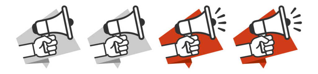 Hand holding megaphone icon, announcement symbol, loudspeaker illustration, protest and promotion sign, marketing concept, vector design, isolated on transparent background