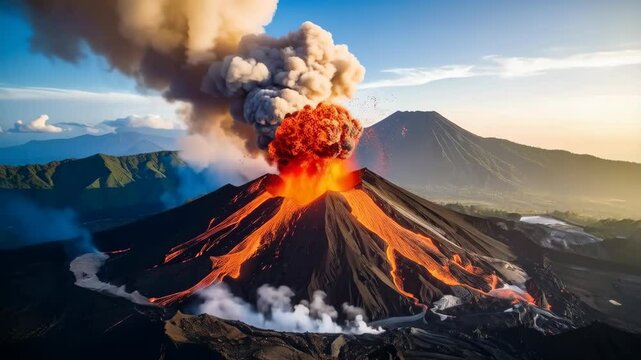 Dramatic volcanic eruption spewing molten lava and ash into the air, with lava flows running down the mountainside under a clear sky, panoramic view.