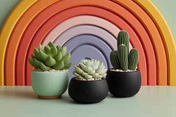 Succulents and Rainbows: Delightful trio of succulents sit before a colorful rainbow backdrop, bringing the joy of nature and a pop of modern aesthetic.