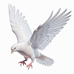 Obraz premium Serene Flight: A pristine white dove soars gracefully, its wings outstretched in a symbol of peace and freedom, perfectly capturing its delicate features.
