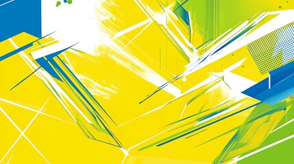 A bold high-energy hexagonal design in bright yellow lime green and electric blue with sharp contrasting lines and angles