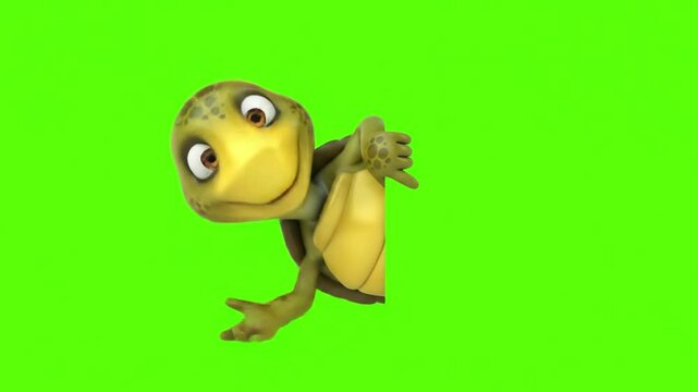 A cheerful cartoon turtle points to the side while peeking around a corner against a bright green background
