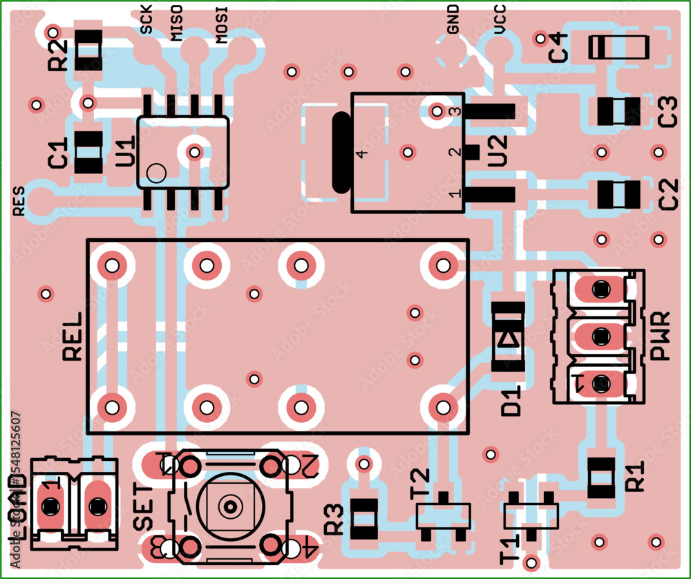 Poster vector printed circuit board of electronic device with components set of radio elements, conductors 