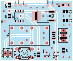 Vector printed circuit board of electronic 
device with components set of radio elements, 
conductors and contact pads placed on pcb. 
Engineering technic drawing. Electric background.
Cad design.