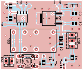 Vector printed circuit board of electronic 
device with components set of radio elements, 
conductors and contact pads placed on pcb. 
Engineering technic drawing. Electric background.
Cad design.