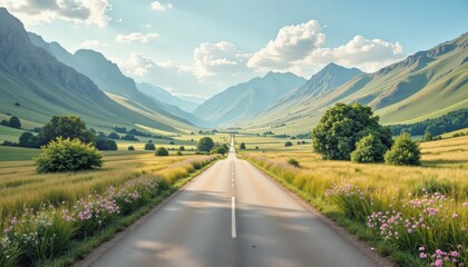 Fototapeta premium Scenic road journey through majestic mountains beautiful valley landscape nature photography daytime panoramic view