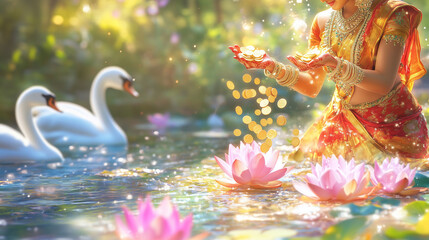Obraz premium Swan swimming in lily pad pond next to an woman sprinkling gold dust, divine lake scene of culture and peace