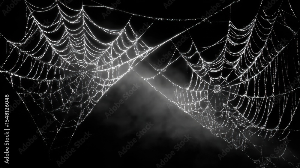 Poster two intricate spider webs adorned with droplets of dew are captured in a tranquil forest setting, sh