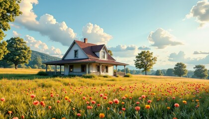 Serene sunrise over a charming house countryside photography peaceful landscape wide angle tranquility