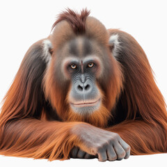 Fototapeta premium Orangutan Portrait: Majestic orangutan with intense gaze and striking reddish-brown fur, resting its arms, showcasing its powerful presence.