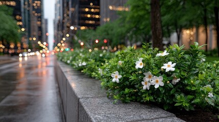 White gardenia flowers sparkle with rainwater at night, illuminated by soft street lights in a tranquil urban setting