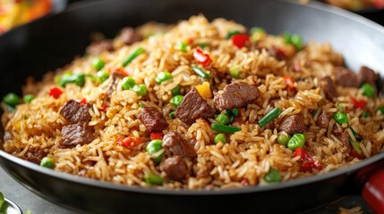 Fototapeta premium Golden beef fried rice in a large wok, grains glistening with oil and beef chunks perfectly seared