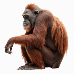 Fototapeta premium Orangutan: An orangutan sits thoughtfully, its reddish-brown fur a striking contrast against its surroundings, showcasing the primate's thoughtful gaze and textured fur.