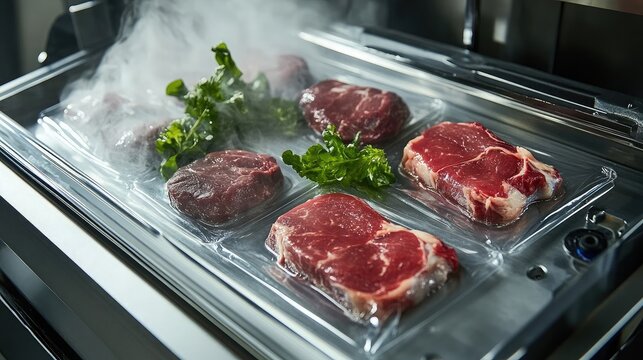 Industrial vacuum packaging machine sealing raw meat cuts as steam rises from the heat sealing element