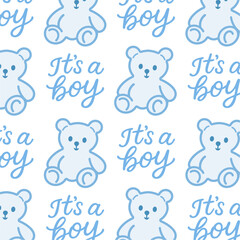 Seamless baby boy themed pattern with soft blue teddy bears and "It's a boy" — perfect for newborn designs.