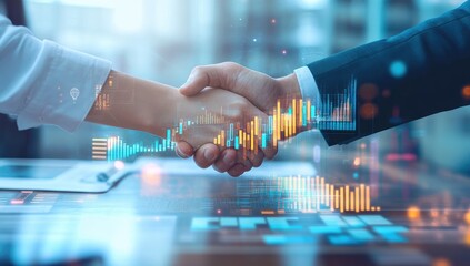 Business handshake with overlayed financial data