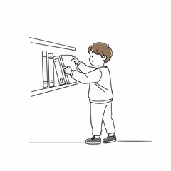 Young boy selecting book from shelf in a simple outline style  