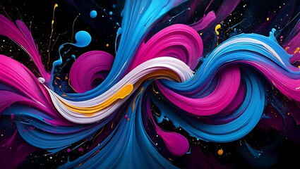 Abstract Swirling Paint Strokes in Vibrant Blue Pink and White Hues with Yellow Accents Dynamic Composition on Black Background Featuring Expressive