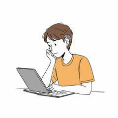 Young boy with hearing aid studying on laptop at home