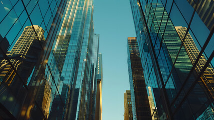 Teal and Gold Skyscrapers Reflecting Sunlight Cityscape Modern Architecture Urban Buildings Glass Facades