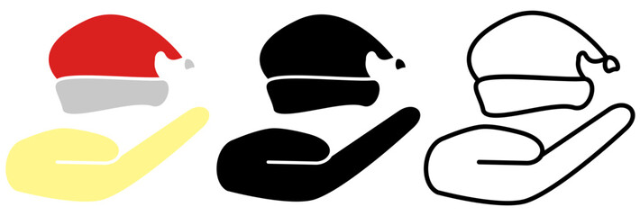 hand holding christmas hat icon, simple flat style, vector illustration, symbol, design logo template pictogram, for ui or ux isolated on white for mobile app, editable