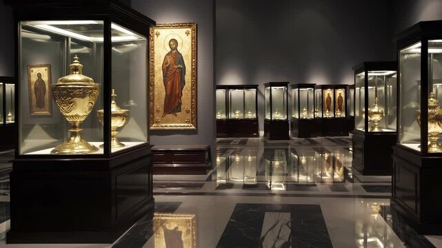 Golden artifacts inside museum glass cases. Antique gold items in cultural exhibit. History shown through artifact collection and heritage. Gold pieces reflect treasure and cultural value.