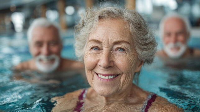 A joyful older woman smiles brightly while swimming in a pool alongside two friends. The atmosphere is lively and vibrant, showcasing a healthy and active lifestyle.