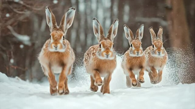 Three hares running through snowy woods