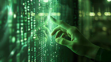 Two Hands Interacting with a Green Digital Interface Showing Binary Code and Data Streams fingers touching